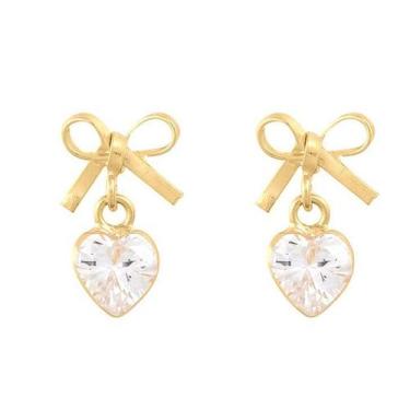 Imagem de Brinco De Ouro 18k 750 Infantil E Adulto Laço Com Coração - DR Joias