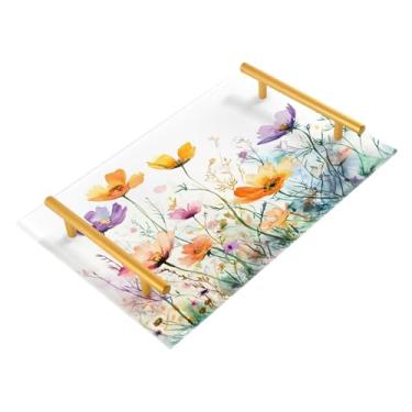 Imagem de Wassud Aquarela flores silvestres bandeja de banheiro com alças organizador de perfume acrílico para banheiro quarto cozinha balcão 30 x 20 cm