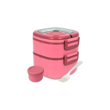 Imagem de Marmita Prática Organizadora com Divisórias, Rosa, 2 Potes Empilháveis, Livre de BPA, com Talheres Reutilizáveis e Alça de Fixação, 250g