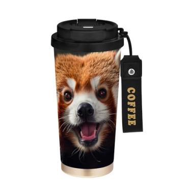 Imagem de YETTASBIN Caneca de café de viagem com isolamento térmico Red Panda de 500 ml com tampa canudo, copo à prova de derramamento e vazamento com alça para bebida quente e fria, garrafa de água de aço
