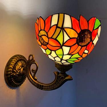 Imagem de Arandela de parede antiga com girassol, estilo Tiffany, vitral, luminária de cabeceira, estilo pastoral americano, feita à mão, com espelho frontal, para corredor, quarto ou hall de entrada,