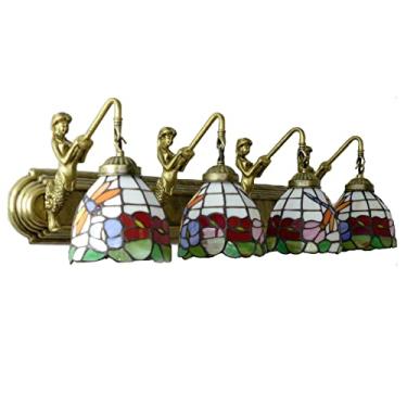 Imagem de Arandela de parede vintage com libélula, estilo Tiffany, com múltiplos braços e vitrais, ideal para banheiro, penteadeira ou corredor. Compatível com espelhos e iluminação frontal em formato