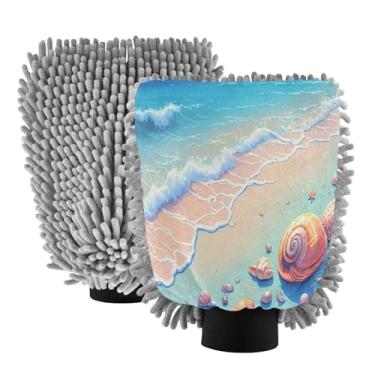 Imagem de STAYTOP Luvas de lavagem de carro estrela-do-mar e conchas de praia, 2 peças, luvas de microfibra de chenille, sem arranhões, panos de esponja de lavagem ultra absorventes para carros, limpeza