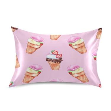 Imagem de xigua Fronha de cetim de sorvete aquarela para cabelo e pele lavável à máquina almofada de cetim antiderrapante refrescante capa de cama padrão com fecho de envelope, 51 cm x 66 cm