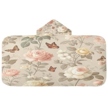 Imagem de Burbuja Toalha de banho com capuz floral vintage para crianças, toalha de praia de pelúcia macia absorvente para meninas e meninos 3-10 anos, 61 x 127 cm