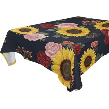 Imagem de Burbuja Toalha de mesa de rosas girassóis, toalha de mesa retangular, anti-rugas, grossa para decoração de jantar, cozinha, festa, 152 x 228 cm