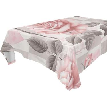 Imagem de YETTASBIN Toalha de mesa quadrada rosa, impermeável, resistente a manchas, lavável de poliéster, para piquenique, jantar, férias, cozinha, festa, decoração, 137 x 137 cm