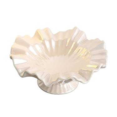 Imagem de Fruteira Fruteira de cerâmica brilhante com borda ondulada, ideal para servir aperitivos e decorar mesas na cozinha e sala de estar. Decoração de mesa(Branco)