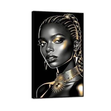 Imagem de SDYJ6GSW Arte de parede em tela de mulher afro-americana, dourada, preta, impressões, pôsteres, quadros de meninas africanas, para quarto, sala de estar, decoração de casa, moldura preta 30 x 52 cm