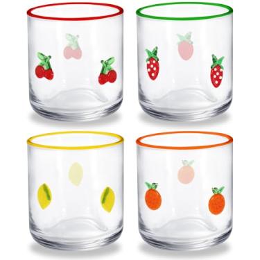 Imagem de Whaline Copo de suco com ícone de frutas, 4 peças, copo de vinho de 400 ml, morango, limão, cereja, laranja, sem haste, copos de coquetel para lembrancinhas de festa em casa
