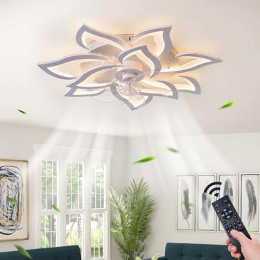 Imagem de Ventilador de teto com luz, perfil baixo, moderno, para uso interno, com luz LED regulável e controle remoto. Possui 3 temperaturas de cor e 6 velocidades de vento, ideal para quartos infant