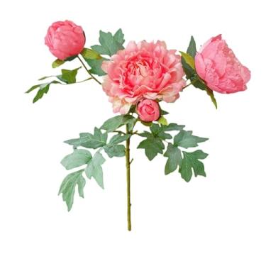 Imagem de CWPJUNDGP Flores artificiais de peônia realista, buquê de peônia luxuoso de seda/plástico com 4 cabeças (62 cm), pacote com 2/4 cores mistas (vermelho/rosa/laranja) para decoração de vaso de sala de