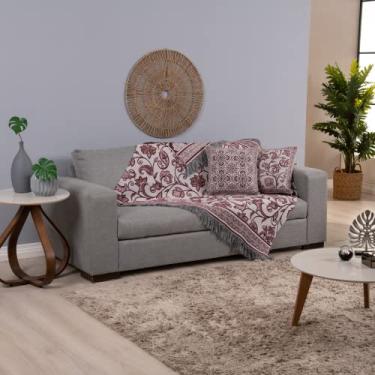 Imagem de Kit 5 Peças Xale de Franja para Sofá com Almofadas Cheias Grécia 1,35m x 1,35m Tecido Jacquard (Vinho)