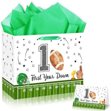 Imagem de JORHANCE Sacos de presente de 1º ano com papel de seda e cartão de aniversário para decorações de festa de aniversário de primeiro ano, grande saco de papel de embrulho de futebol para primeira festa