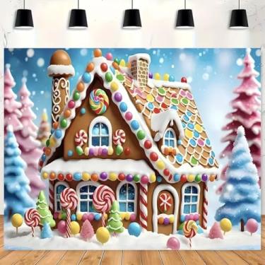 Imagem de Pano de fundo de casa de gengibre de Natal para sessão de fotos pirulito candyland chá de bebê decorações de festa de aniversário doces festa familiar crianças retrato foto fundo (2,8 x 1,5 m)