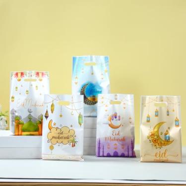 Imagem de 25 peças de sacos de presente Eid Mubarak, estampa colorida de mesquita muçulmana, tema do Ramadã, sacolas de doces de plástico com alça, bolsa de lanche para lembrancinhas de festa islâmicas