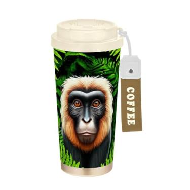 Imagem de TSENQUE Caneca de café de viagem de 473 ml, copo de café com revestimento cerâmico com canudo e tampa de filme, copo isolado a vácuo de aço inoxidável, folhas verdes animal primata