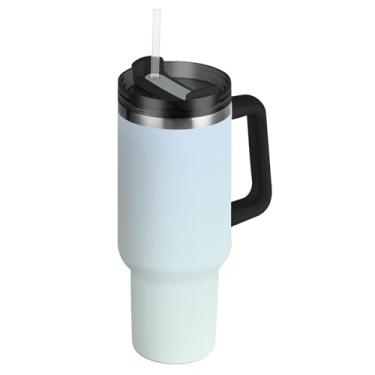 Imagem de Copos de vidro gradiente azul ciano Ombre com tampas e canudo engraçado copo com alça garrafa de água isolada de 850 g caneca de café quente de aço inoxidável para carro