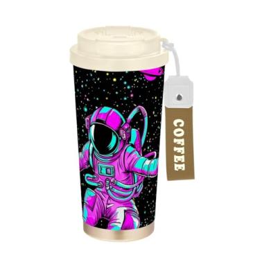 Imagem de TSENQUE Caneca de café de viagem de 473 ml com revestimento cerâmico, caneca de café de aço inoxidável com tampa e canudo, copo isolado a vácuo, astronauta espaço preto escuro