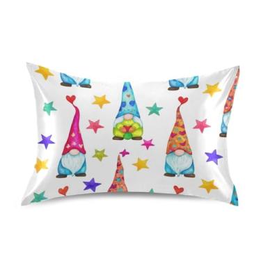 Imagem de Fronhas coloridas de cetim branco estrelas gnomos engraçadas refrescantes King Queen fronhas personalizadas decoração de quarto estética tamanho queen 76,2 cm x 50,8 cm