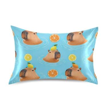 Imagem de Fronhas de cetim floral refrescante animal fofo padrão queen king size travesseiro confortável cama macio tamanho queen 76.2 cm x 50.8 cm brincalhão capivaras azul animal