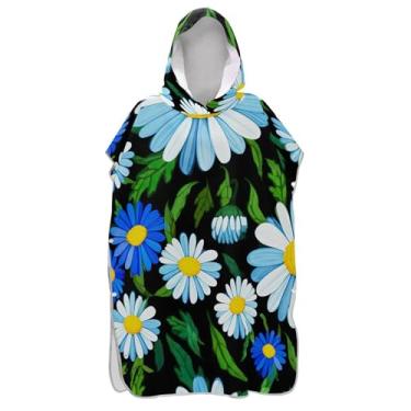 Imagem de TSENQUE Trocador de poncho de surfe para adultos toalha de praia com capuz estampa plus size homens mulheres poncho com capuz azul margarida flores preto