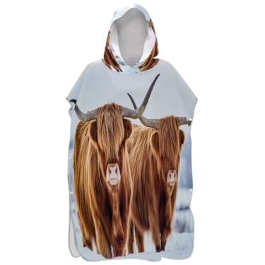 Imagem de Joisal Poncho de surfe leve para adultos trocador de roupão de banho toalhas com capuz desenho animado inverno marrom vacas highland poncho masculino com capuz