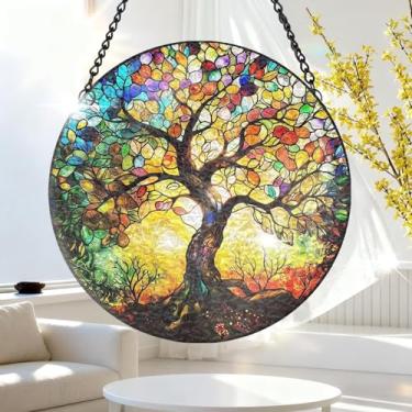 Imagem de 1 peça de decoração de pendurar apanhador solar de acrílico colorido, decoração de janela de 18 cm com design de estilo vitral impresso, ideia de presente e ornamento de jardim uso interno e externo