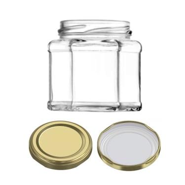 Imagem de Kit 50 unidades - Pote de vidro Sextavado Reto - 150 ml - Tampas Douradas