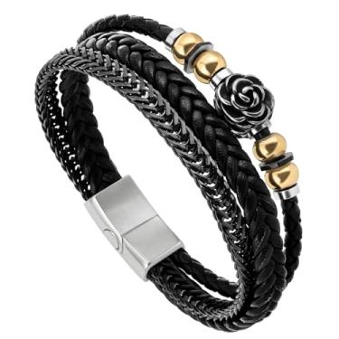 Imagem de LuxGoth Pulseira de couro preta vintage com três camadas de couro de aço inoxidável pulseira trançada GTS-B1B45071