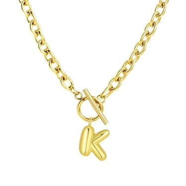 Imagem de Fiiuos Colar com inicial para mulheres, banhado a ouro 18 K, delicada, com pingente de letra bolha personalizada, corrente de elos grossos de clipe de papel com fecho de botão minimalista, joias de