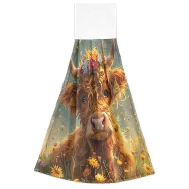 Imagem de Joisal Lindas toalhas de mão de flor de vaca Highland com laços para pendurar no forno toalhas de gravata conjunto de 2 toalhas de cozinha de outono ultra absorventes fofas, 46 x 35 cm