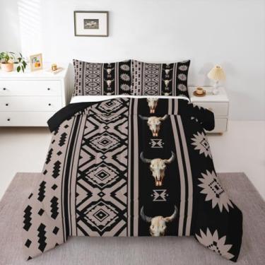 Imagem de Feelyou Conjunto de cama rústico ocidental macio para meninos e meninas, chifre étnico, boêmio, tamanho casal, tribal ocidental, touro, caveira, edredom de microfibra, 3 peças com 2 fronhas