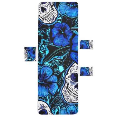 Imagem de Blue Flowers Sugar Skulls Chaise Lounge Cadeira Toalha de Piscina Lounge Cadeira de Praia Pátio Espreguiçadeira de Piscina 203 x 76 cm