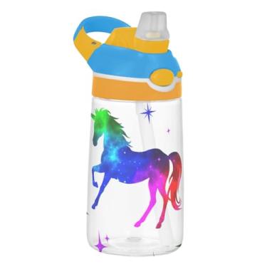 Imagem de Garrafa de água infantil de 473 ml reutilizável Tritan Sports de 473 ml com canudo copos de viagem portáteis à prova de vazamento para crianças, alça de transporte, cavalo colorido estrelas brancas