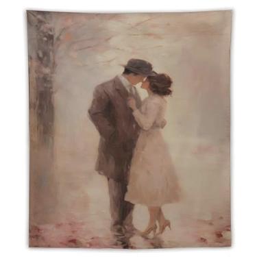 Imagem de Tapeçaria vintage de outono enevoado chapéu fedora vestido leve cena abraço romântico estilo pintura a óleo suave decoração de parede nostálgico decoração de casa para quarto sala de estar