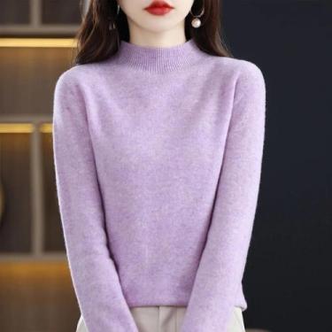 Imagem de Suéter Feminino De Lã 100% Pura Com Gola Alta, Pulôver De Cashmere Cas
