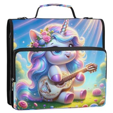 Imagem de Organizador divertido de fichário com zíper com 3 argolas de 3,8 cm, anel D fofo, unicórnio, guitarrista, portfólio e estojo, suporte de pasta de anel, bolsa escolar com alça de ombro
