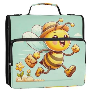 Imagem de Lindo fichário floral de abelha com 3 anéis de 3 anéis, resistente, com zíper, bolsa de fichário para ensino médio com alça de armazenamento, pasta de portfólio com alça