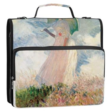 Imagem de Claude Monet Guarda-sol feminino, organizador com zíper, 3 argolas de 3,8 cm, fichário D com alça de ombro para armazenamento escolar, estojo com alça