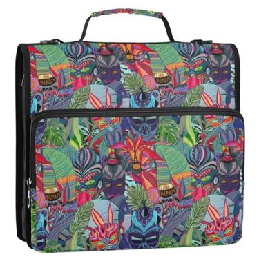 Imagem de 3 fichários de anel D de 3,8 cm, máscaras Tiki de plantas tropicais, bolsa organizadora de fichário com zíper com alça para escola, negócios, vários bolsos, pasta grande para portfólio