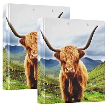 Imagem de Fichários fotográficos Scottish Highland Cow Mountains de 3 cm com 3 anéis para 200 folhas duráveis para cadernos, fichário planejador, 31,5 x 27 x 6 cm, pacote com 2