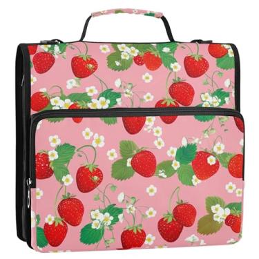 Imagem de Organizador de fichário com zíper, morangos, folhas rosas, margaridas, 3 anéis, fichários de 3 anéis, bolsa resistente para documentos escolares com alça de ombro, estojo de armazenamento com alça de
