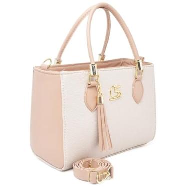 Imagem de Bolsa de Mão Feminina Elegante, Couro Sintético Branco e Azul Claro, Alça Transversal Removível, Detalhe em Tassel (Arroz branco de cor mista)