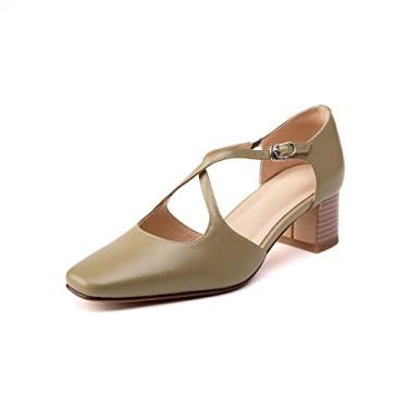 Imagem de TinaCus Sapato feminino de couro legítimo, bico quadrado, feito à mão, com fivela de cinto cruzado, salto baixo e grosso, Verde, 37