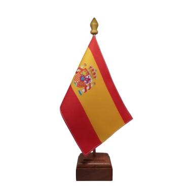 Imagem de Bandeira de Mesa Elegance, Espanha, Dupla Face, Multicolorido, 19x30cm, Base e Haste em Madeira Natural, para Escritório, Eventos e Decoração