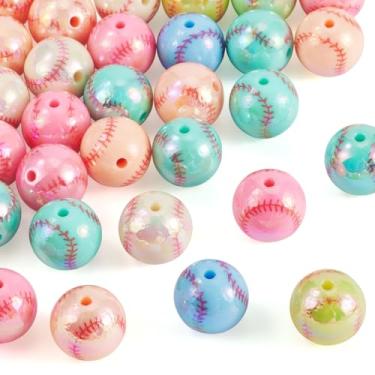Imagem de FASHEWELRY 30 contas de acrílico esportivas de beisebol 15,5 mm contas redondas de chiclete iridescentes para artesanato faça-você-mesmo joias suprimentos canetas com contas chaveiros pulseiras