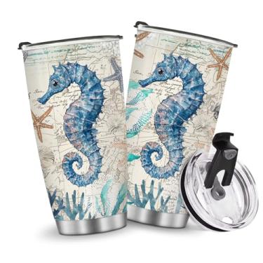 Imagem de Copos isolados de viagem com cavalo marinho caneca de café presentes de aniversário de Natal para meninos meninas filho filha crianças mulheres homens presente garrafa de água 590 ml