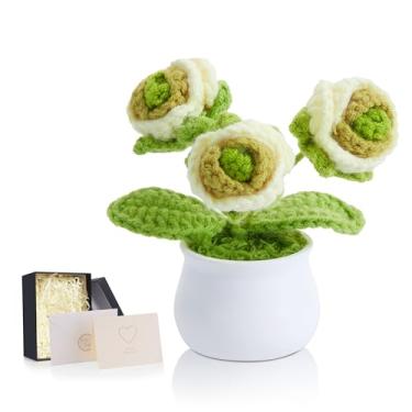 Imagem de LAIDANLA Flores de crochê, rosas verdes, gradiente, mini vasos de plantas, presentes de aniversário feitos à mão, para mulheres, flores tricotadas para decoração de mesa de painel de carro