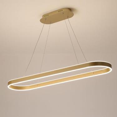 Imagem de Lustre oval LED regulável, moderno, para mesa de jantar ou escritório, com altura ajustável e controle remoto, ideal para sala de jantar, cozinha e sala de estar (dourado, 100 cm de comprime